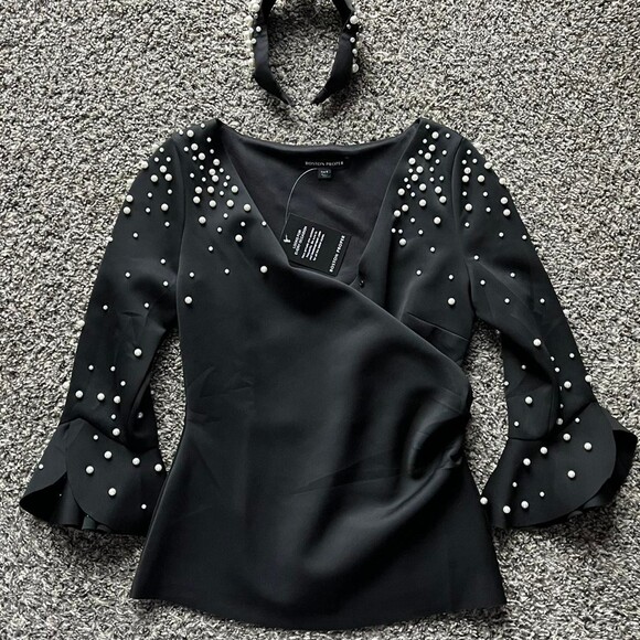Boston Proper Tops - NWT Boston Proper Black Pearl Blouse & Headband Wmn 6 Embellished Romantic Paris